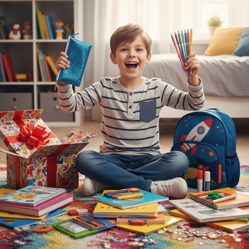 تصویر کودک با یه عالمه لوازم تحریر